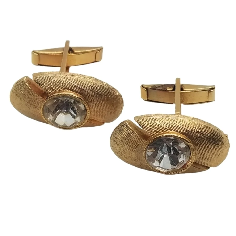 VINTAGE MID CENTURY MODERN GOLDPLATED & FACETED GLASS STONE MENS CUFFLINKS
